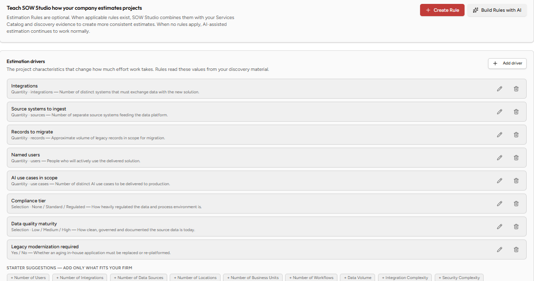 The SOW Studio Estimation Rules screen listing estimation drivers such as integrations, source systems, and records to migrate