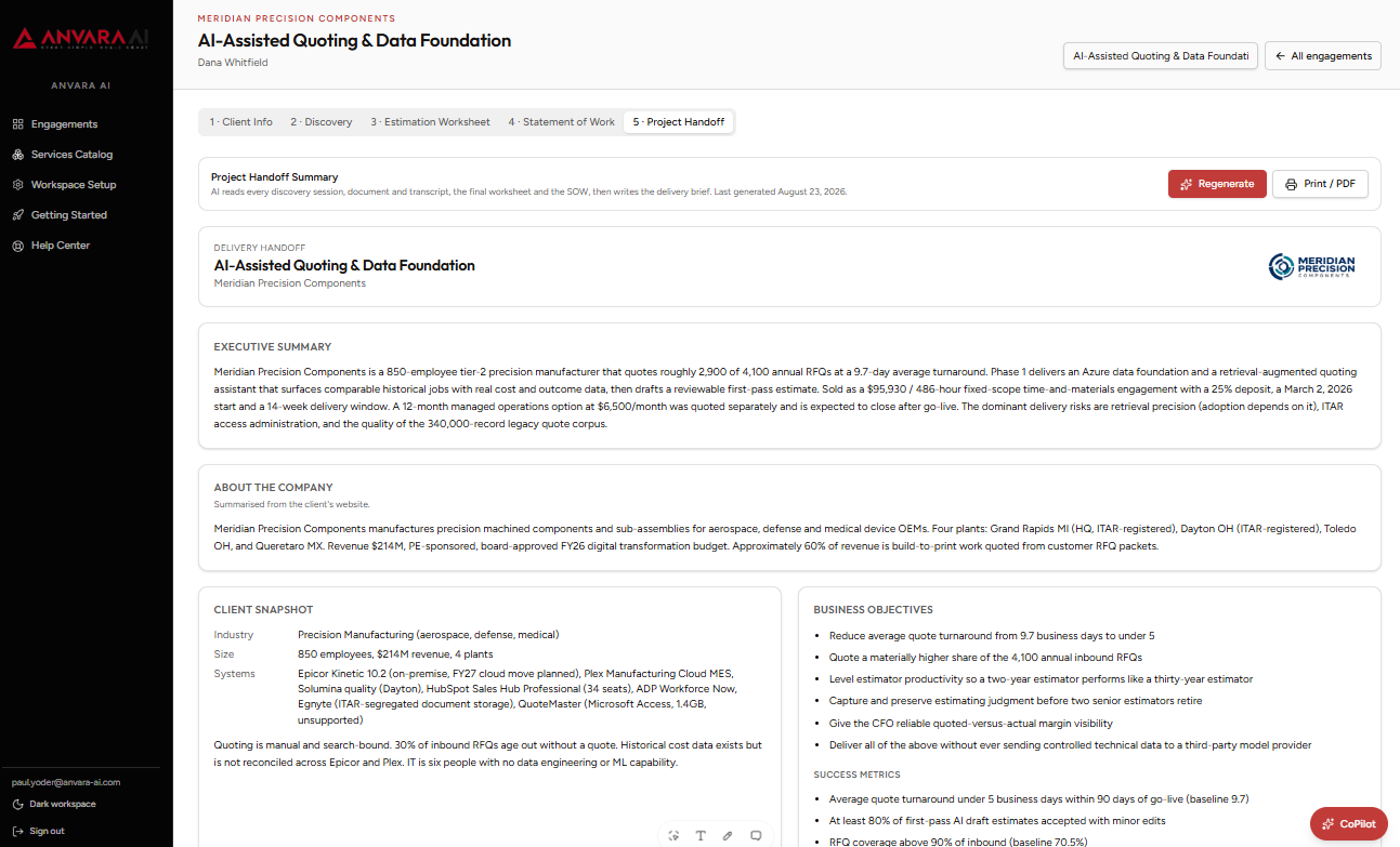 The SOW Studio Project Handoff screen with an executive summary, client snapshot, business objectives, and success metrics