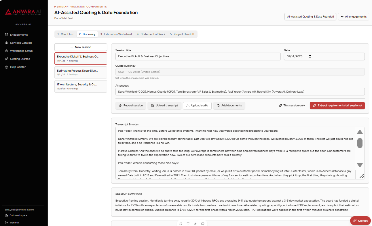 The SOW Studio Discovery screen with multiple discovery sessions, transcript and notes, and an AI session summary